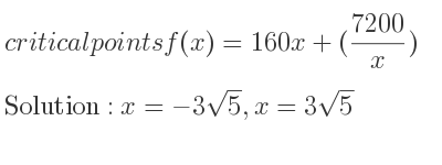 The critical points of f(x)=160x+((7200)/x) are x=-3sqrt(5),x=3sqrt(5)
